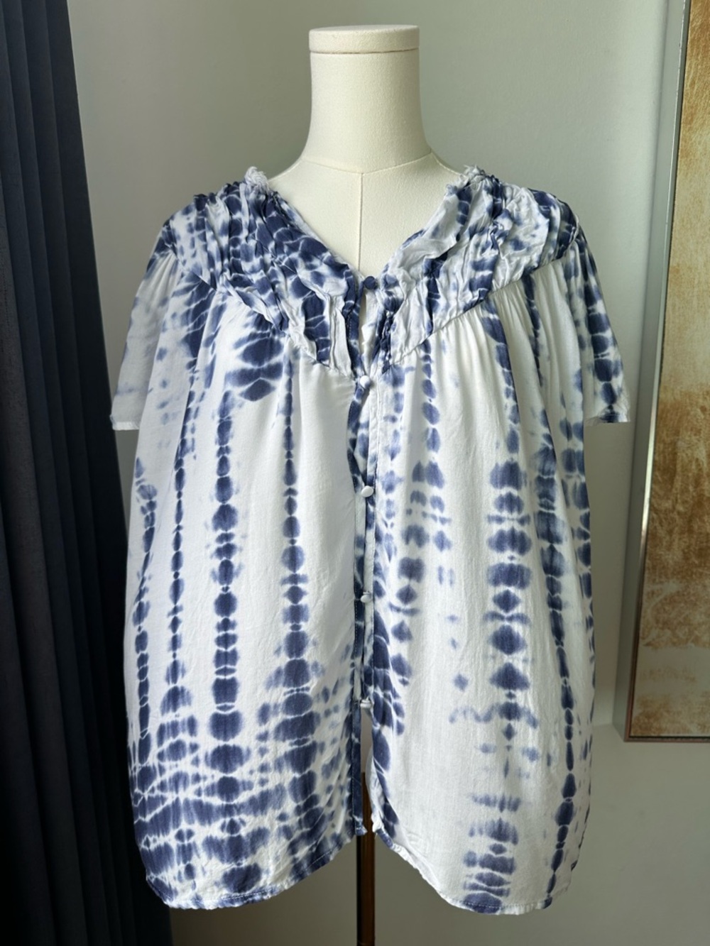 Grand & Greene Blue and White Tie-Dye Button Front Blouse Bohemian Size L